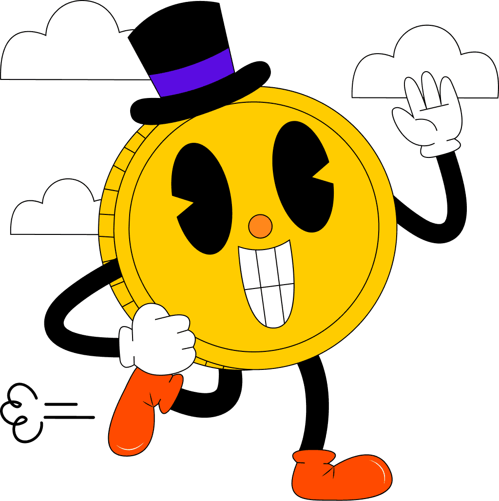 illustration of a coin shaped character walking between clouds